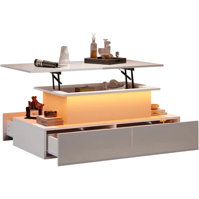 MUVANO Salontafel hoogglans wit met led - Salontafel met 4 lades - Moderne bijzettafel - Uitschuifbaar design - 90x55x41 cm - Opbergruimte - Woonkamer - Wit