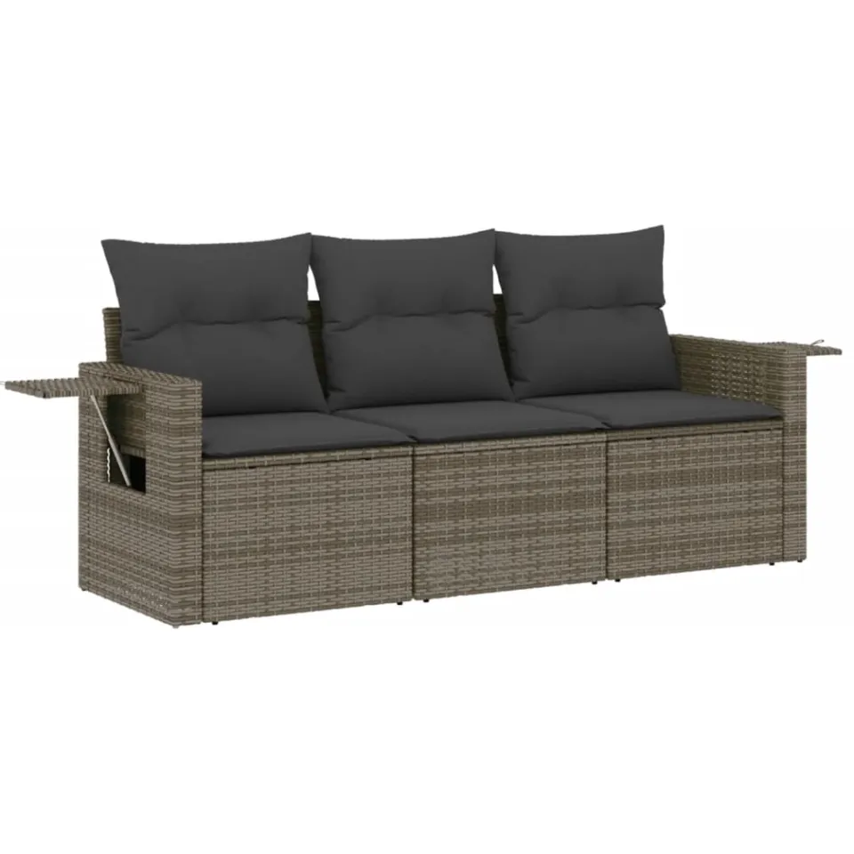 vidaXL 3-delige Loungeset met kussens poly rattan grijs, foto 3