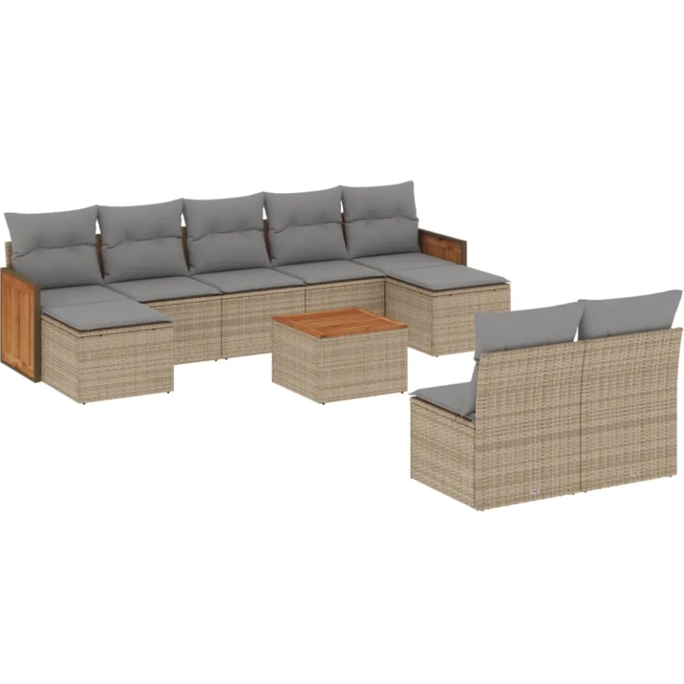 vidaXL 10-delige Loungeset met kussens poly rattan beige, foto 3