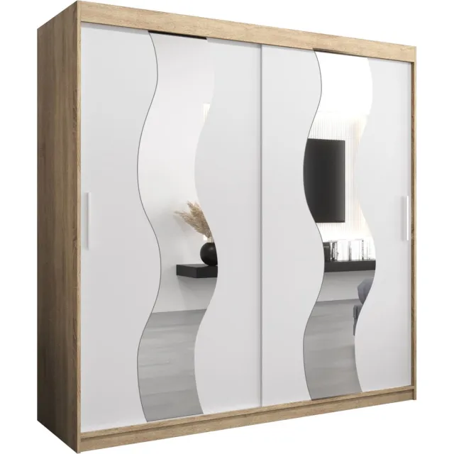 InspireME Kledingkast met 2 schuifdeuren, Modern-stijl, Een kledingkast met planken en een spiegel (BxHxD): 200x200x62 - REESE 200 Sonoma Eik + Wit Mat
