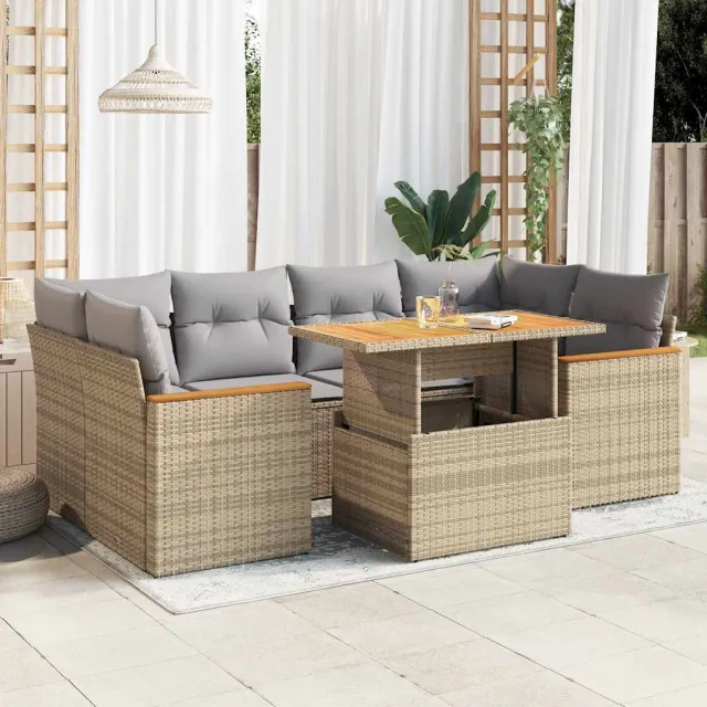 vidaXL 6-delige Loungeset met kussens poly rattan acacia beige, foto 2