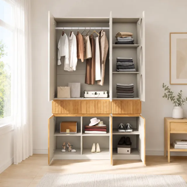 Wishdor Kledingkast met zes deuren en twee lades - Kledingstang en vakken - Modern in slaapkamer hal kinderkamer en kantoor - MDF en bewerkt hout - Lichte eikenlook en lichtgrijs - 135 x 50 x 200 cm