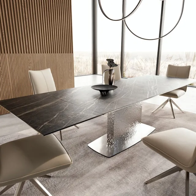 DELIFE Eetkamertafel Edge keramiek Laminam®Noir Desir bruin 200-300x100 Wave RVS uitschuifbaar