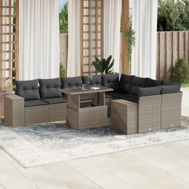 vidaXL 10-delige Loungeset met kussens poly rattan lichtgrijs grijs, foto 2
