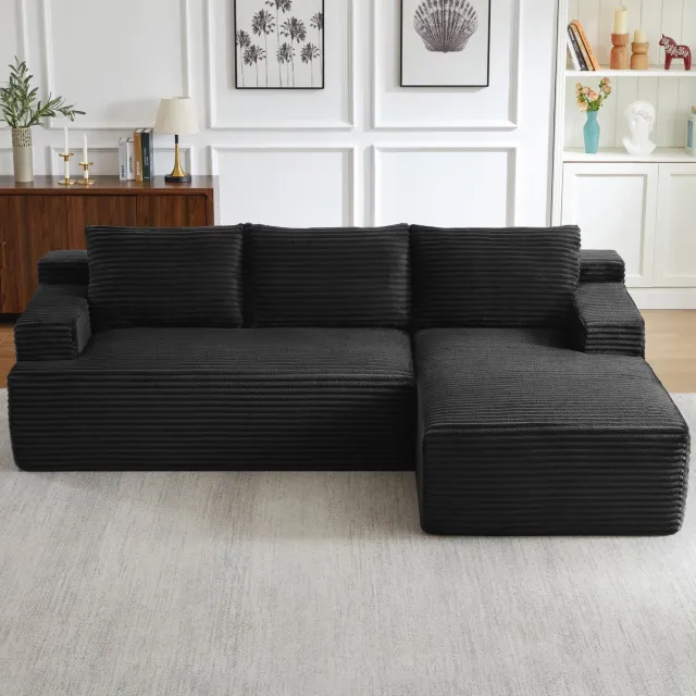 Wishdor Hoekbank - L-vormige modulaire bank met slaapfunctie - Diepe zit met schuim en pocketveren - Zonder montage - Woonkamer appartement logeerkamer - Ribfluweel - Zwart