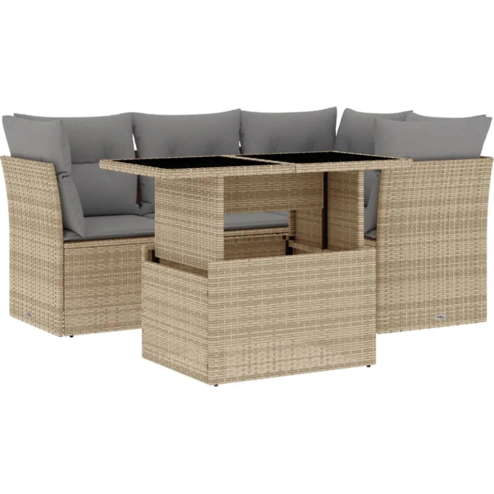 vidaXL 5-delige Loungeset met kussens poly rattan beige, foto 3