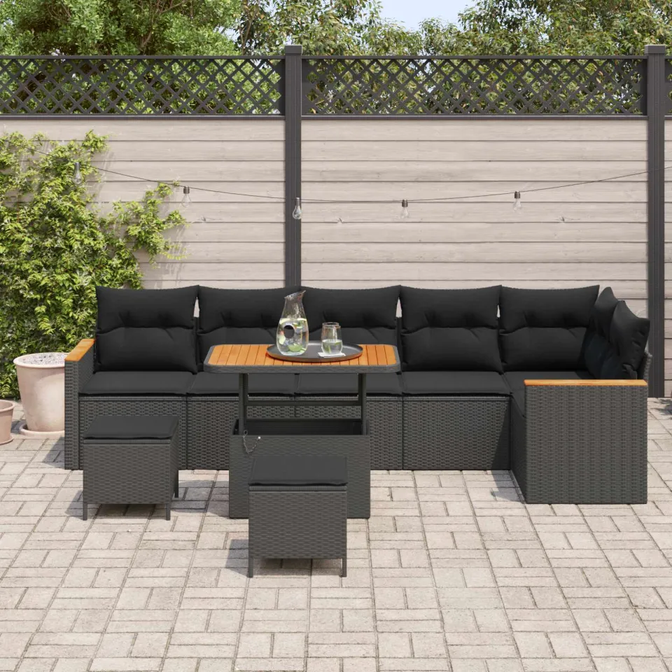 vidaXL Tuinbankenset 9 st Zwart poly rattan, foto 3