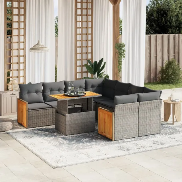 vidaXL 9-delige Loungeset met kussens poly rattan grijs, foto 2