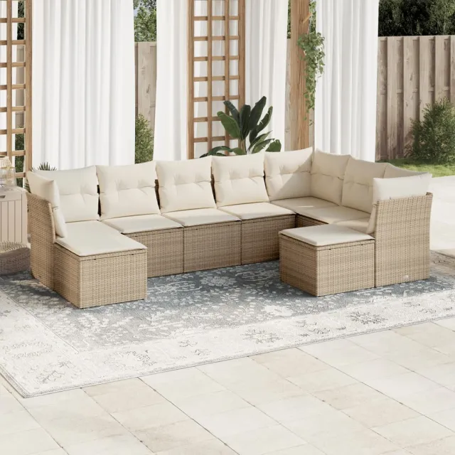 vidaXL 9-delige Loungeset met kussens poly rattan beige, foto 2