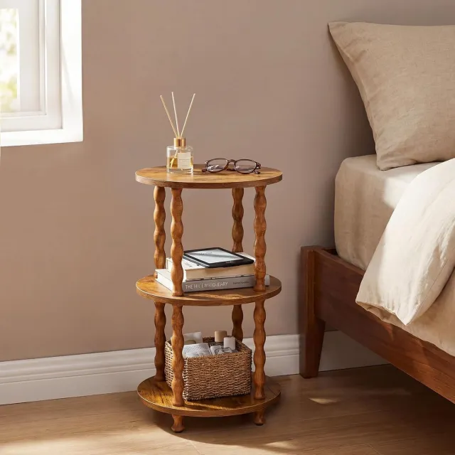 HOERFURIY Ronde bijzettafel met 3 lagen - spiraalvormige houten poten - vintage stijl, ook als nachtkastje voor woonkamer en slaapkamer - natuurlijke houtkleur