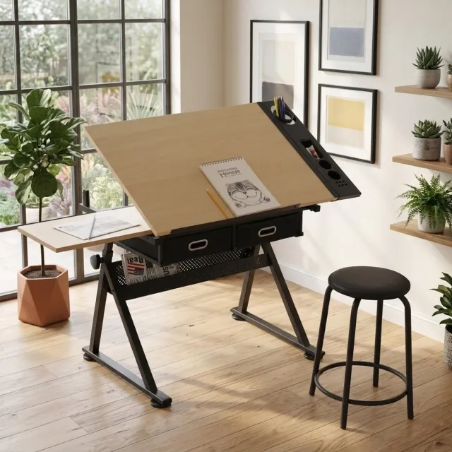 OKWISH Tekentafel - Verstelbaar Blad En Hoogte - Met 2 Lades En Kruk - Voor Thuisstudie En Hobby - MDF Esdoorn