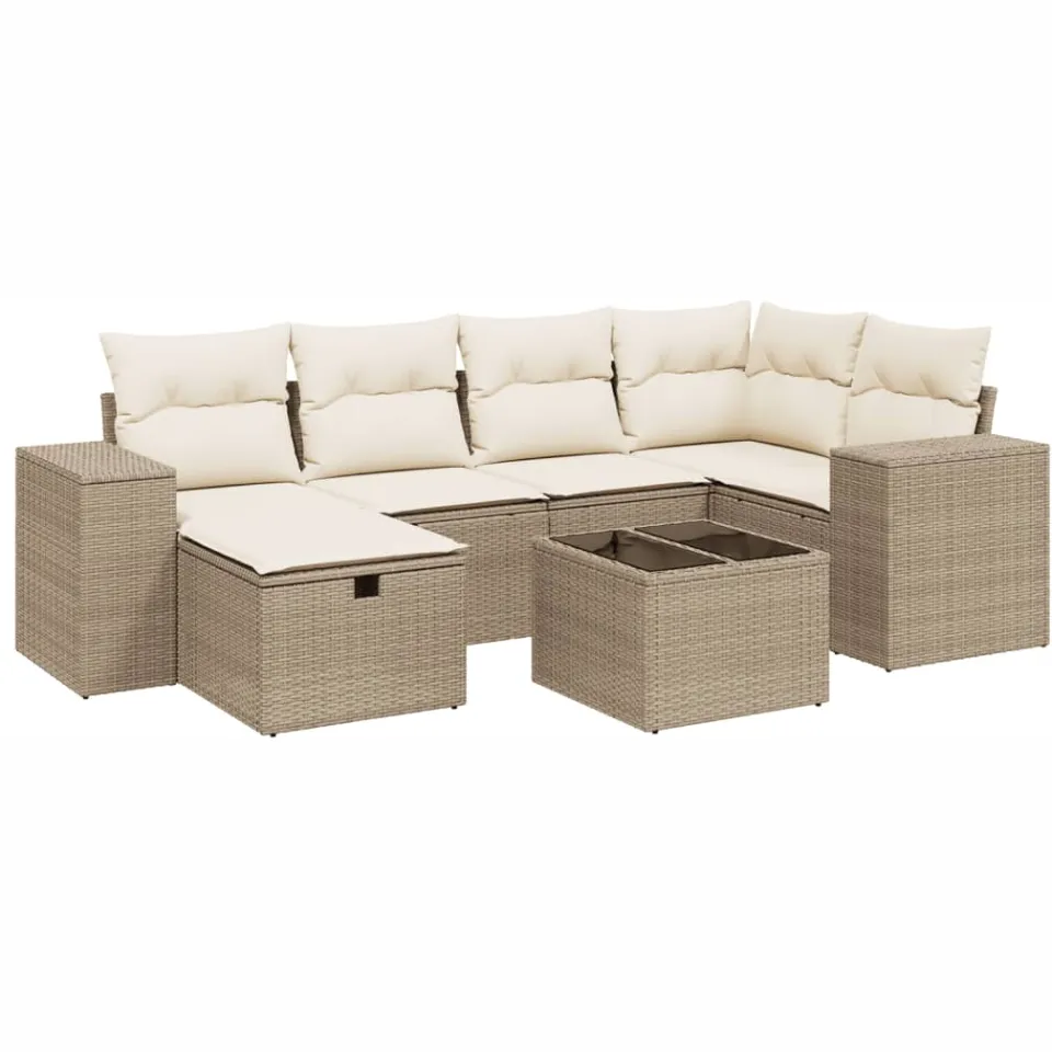 vidaXL 7-delige Loungeset met kussens poly rattan beige