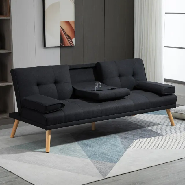 OKWISH Slaapbank 181 Cm - 3-Zits Met Verstelbare Rugleuning, Klaptafel En Bekerhouders - Woonkamer - Polyester - Grijs