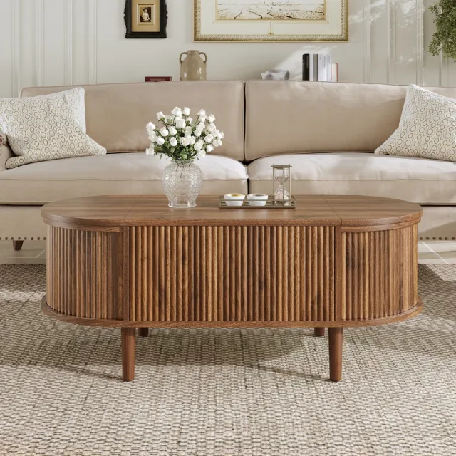 MODFU Salontafel - Verstelbaar Tafelblad En Opbergruimte - Vintage - Woonkamer - MDF - Walnootkleur - 100 X 48 X 53,5 Cm Okkernoot