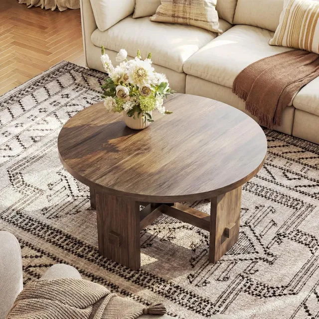 Little Trees LITTLE TREE Landelijke Ronde Salontafel - 80x80x45 cm - Met voetstuk - Bruin