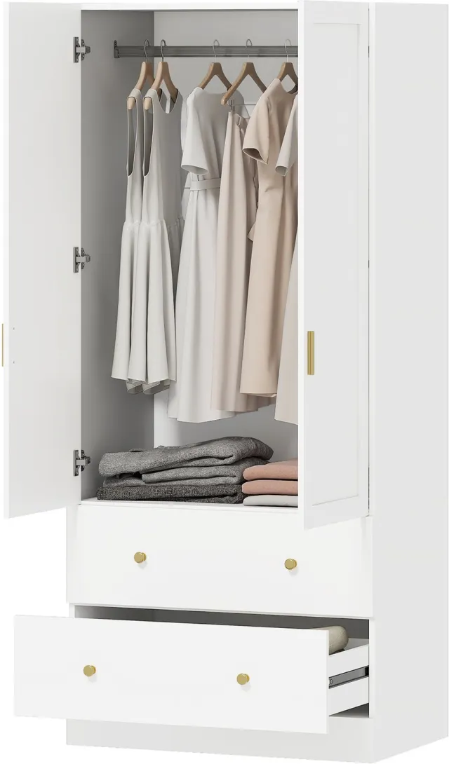 Lunpog Kledingkast met Spiegel - Wit - 2 Lades - 2 Deur - Garderobekast Slaapkamer - Opbergkast Kleding - 80 x 50 x 180 cm