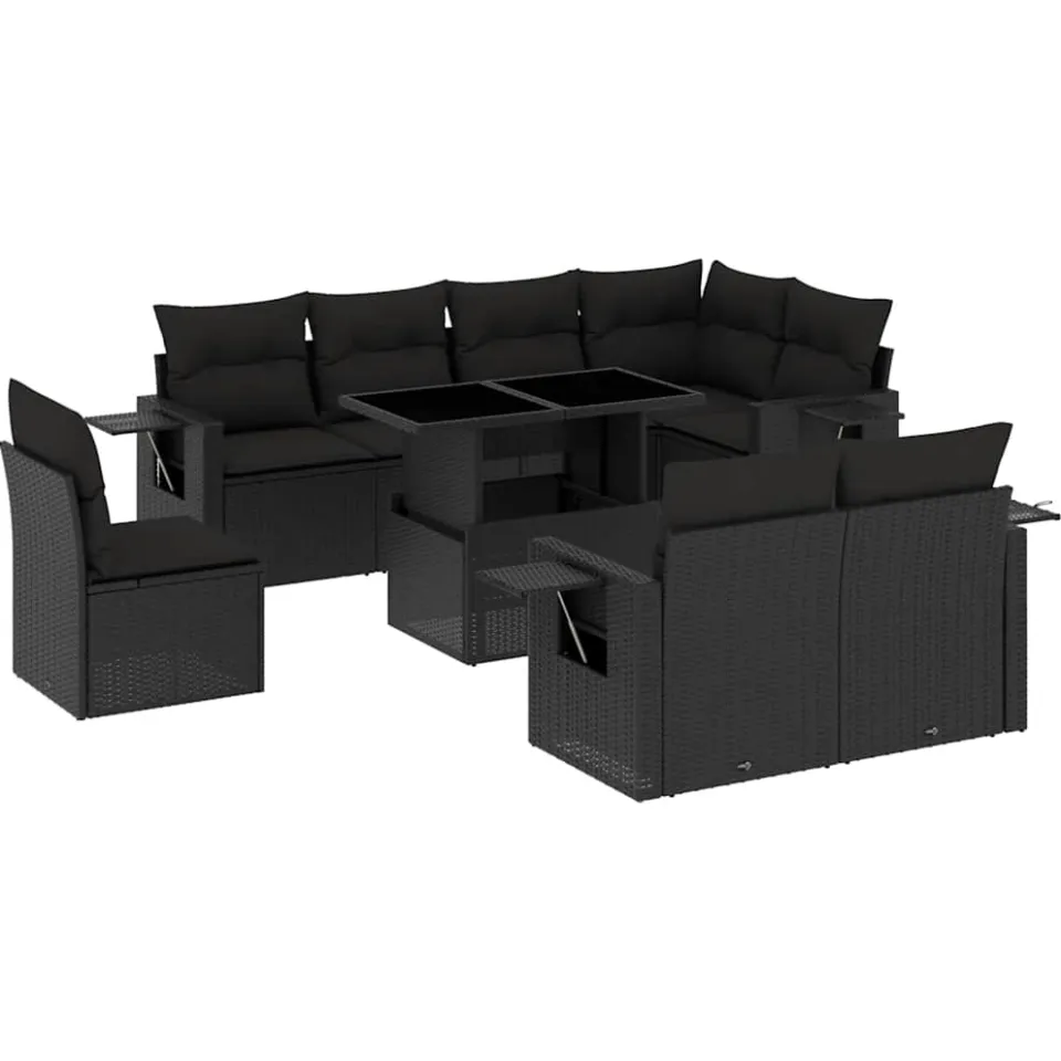 vidaXL 9-delige Loungeset met kussens poly rattan zwart