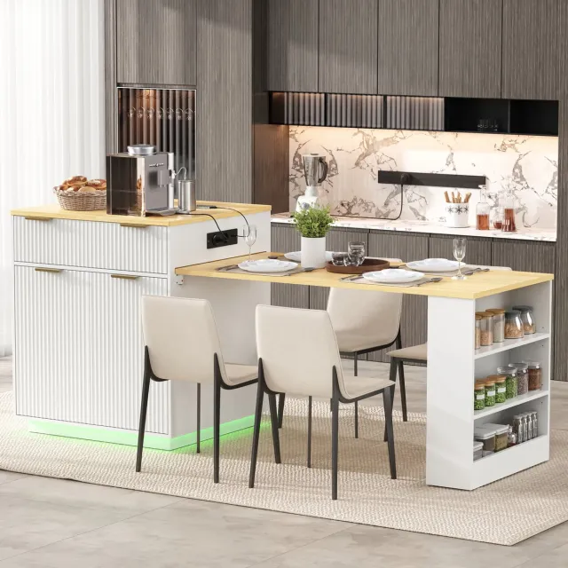 DESMIU Eettafel - Uitschuifbare Keukentafel met LEDverlichting en Opberglades - voor Keuken en Eetkamer - MDF - 127,5-205x67x92 cm - Wit