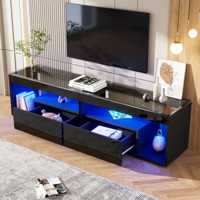 Sweiko TV-meubel - LED-verlichting - Hoogglans - 2 Lades - Zwart