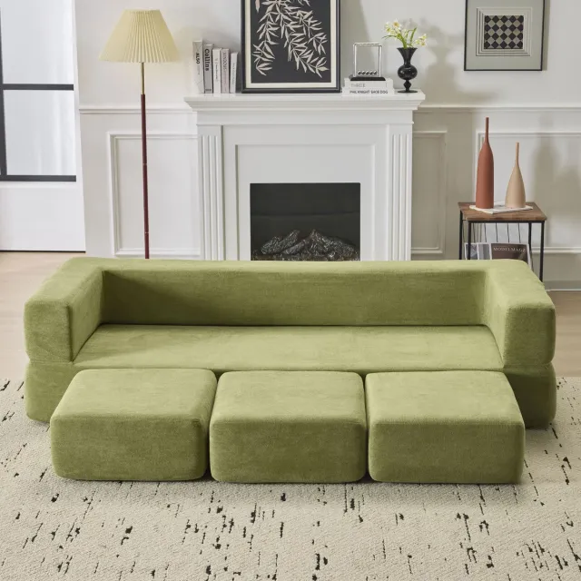 MODFU Slaapbank - Modulair - Chenille - Groen - 3 Zitplaatsen - 201 Cm