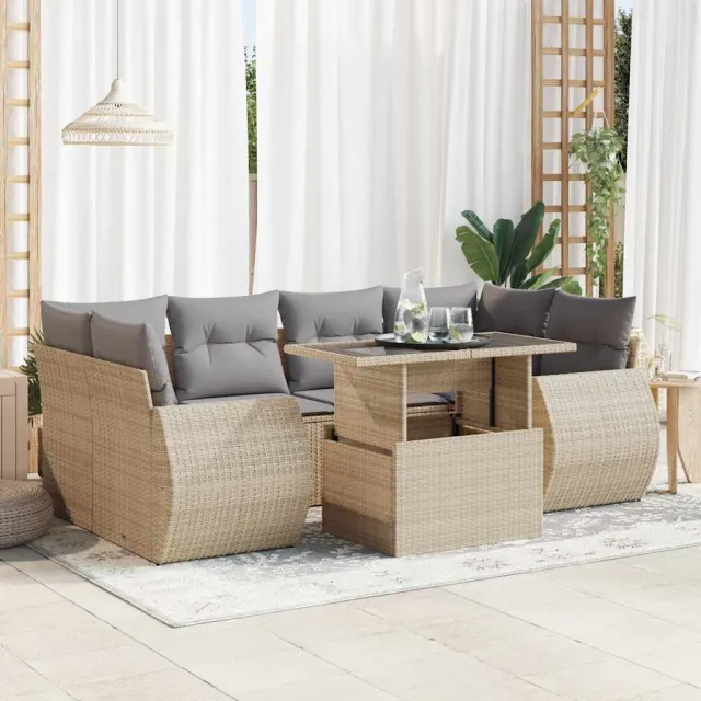 vidaXL 7-delige Loungeset met kussens poly rattan beige, foto 2