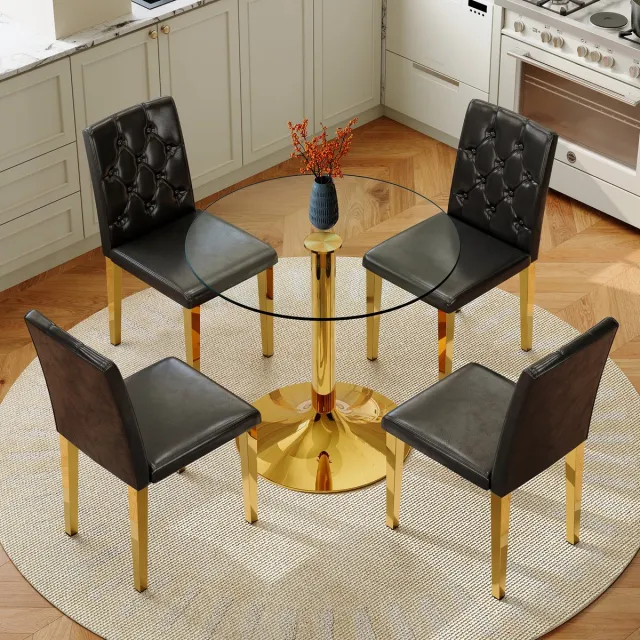 MODENUIT Eetkamerset 85 cm - Ronde Tafel Van Gehard Glas Met Gouden Metaalbasis - 4 Stoelen - Voor Eetkamer - Glas - Zwart Goud Zwart, Goud, Transparant
