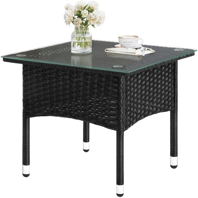 RosaBloom polyrattan bijzettafel - 50x50cm - Tuintafel - Balkontafel - Salontafel buiten - Met gehard glazen blad - Weerbestendig - Zwart