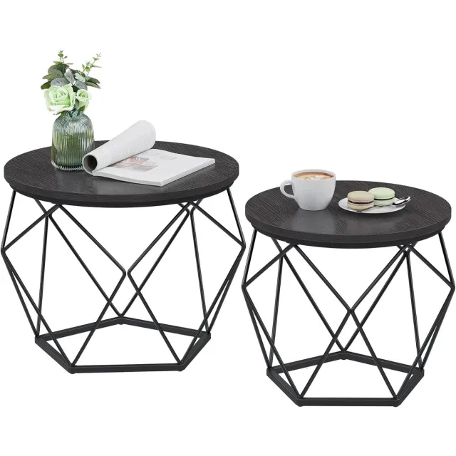 FurnStar Ronde Salontafels Set van 2 – Bijzettafels – Modern Design – Afneembaar Tafelblad – Stalen Frame – Zwart