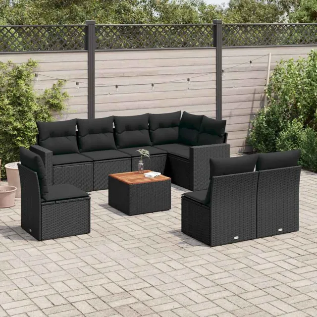 vidaXL 9-delige Loungeset met kussens poly rattan zwart, foto 2