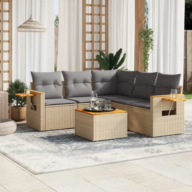 vidaXL 6-delige Loungeset met kussens poly rattan beige, foto 2