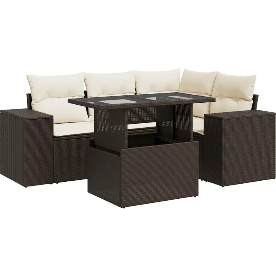 vidaXL 5-delige Loungeset met kussens poly rattan bruin, foto 3