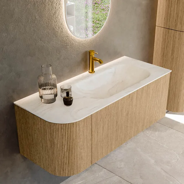 Mondiaz KURVE-DLUX 115 cm Onderkast Greeploos 1 Lade Met Deuren Oak, Wastafel Solid Surface Rechts Ostra 1 Kraangat Zonder Spiegel (KRVBGS115L1L1D1KR-Oak/Ost)
