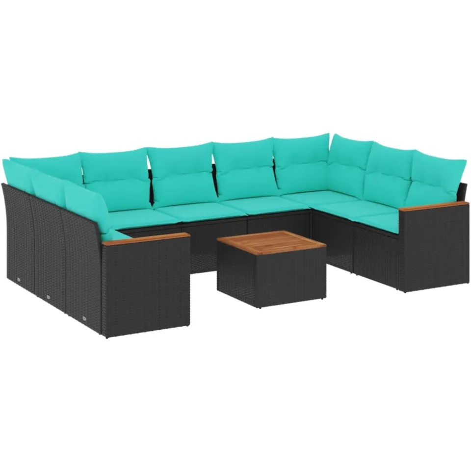 vidaXL 10-delige tuinbankset met kussens van zwart polyrotan, foto 3