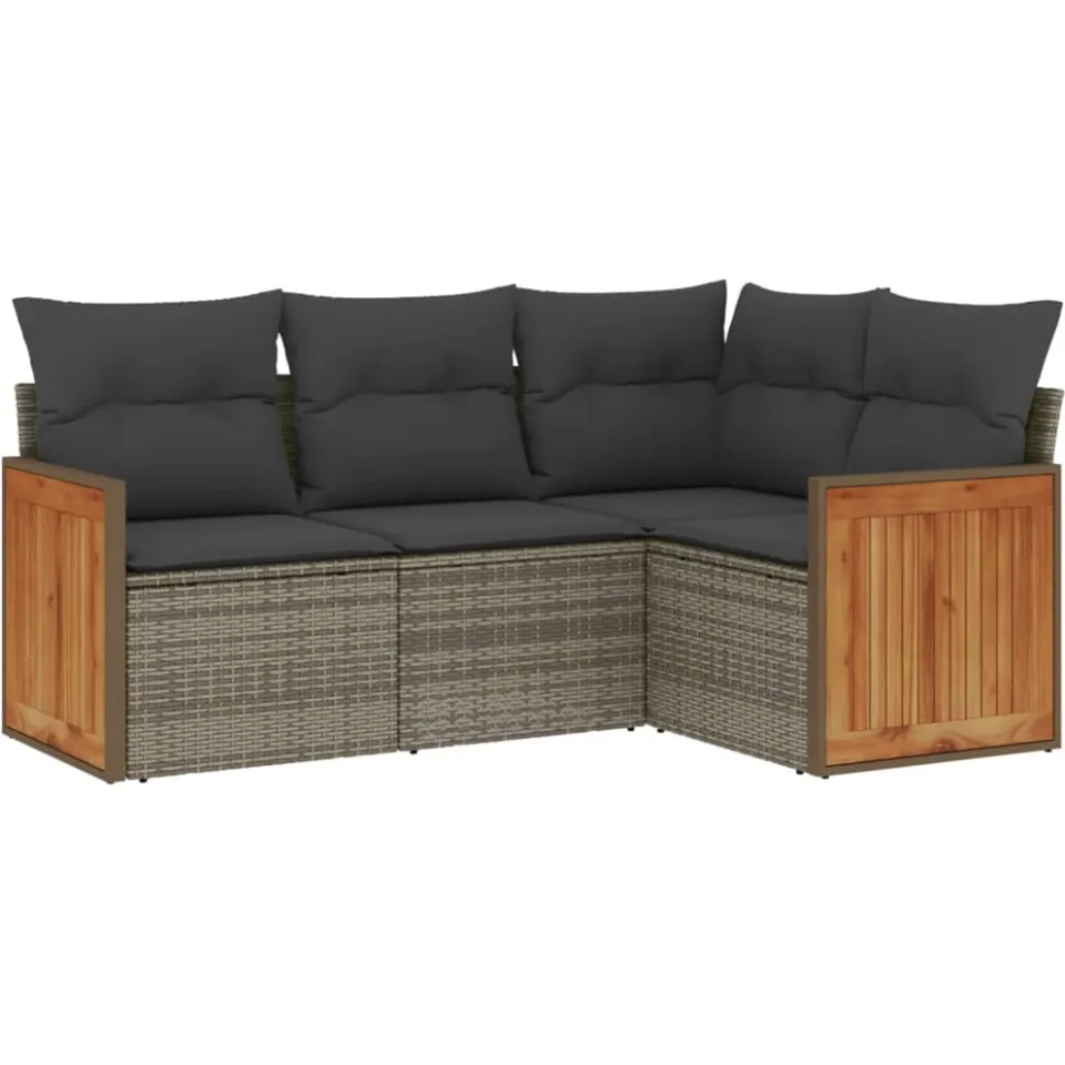 vidaXL 4-delige Loungeset met kussens poly rattan grijs, foto 3