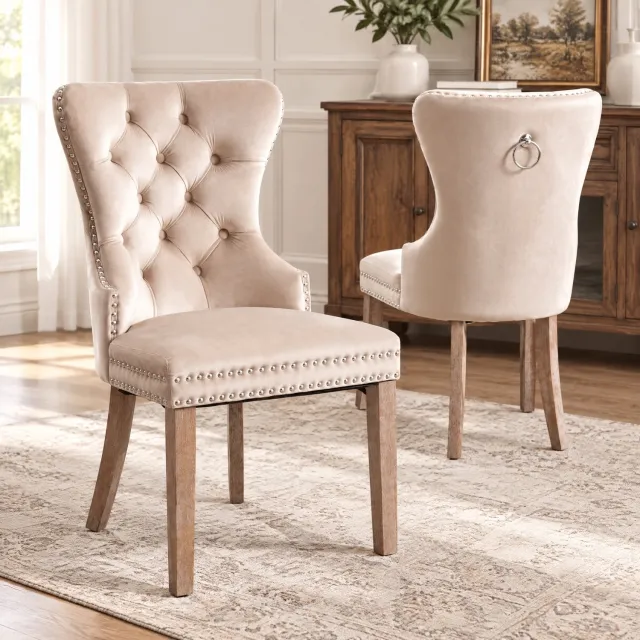 Yelenaro Eetkamerstoelen - Set van 2 Keukenstoel - Gestoelde stoelen voor de woonkamer - Hoge rugleuning - Ontwerp met klinknagels - Houten poten - Max.150 kg - Beige fluweel