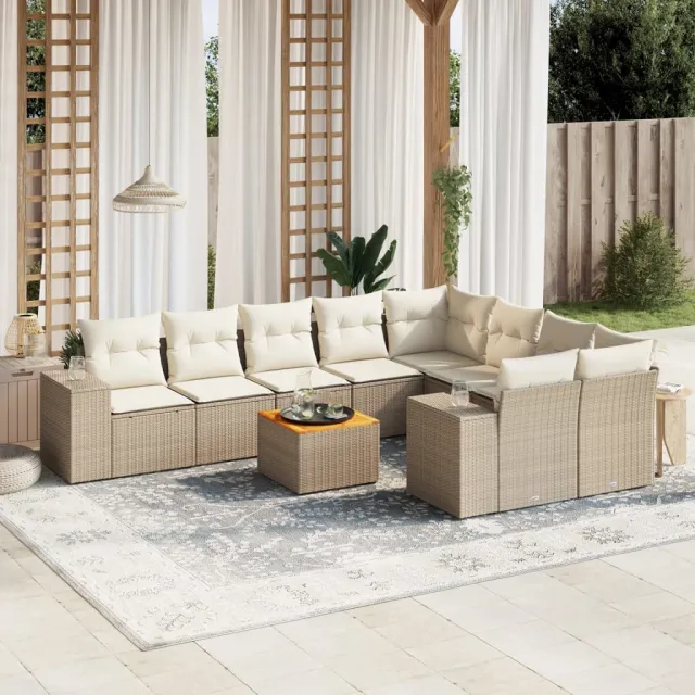 vidaXL 10-delige Loungeset met kussens poly rattan beige, foto 2