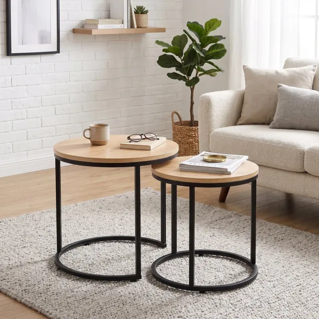 Mano Leisure Bijzettafelset 2-delig – Rond – Eikenpatroon & Zwart Metaal – Nesting Tafels – Ø40 en Ø35 cm