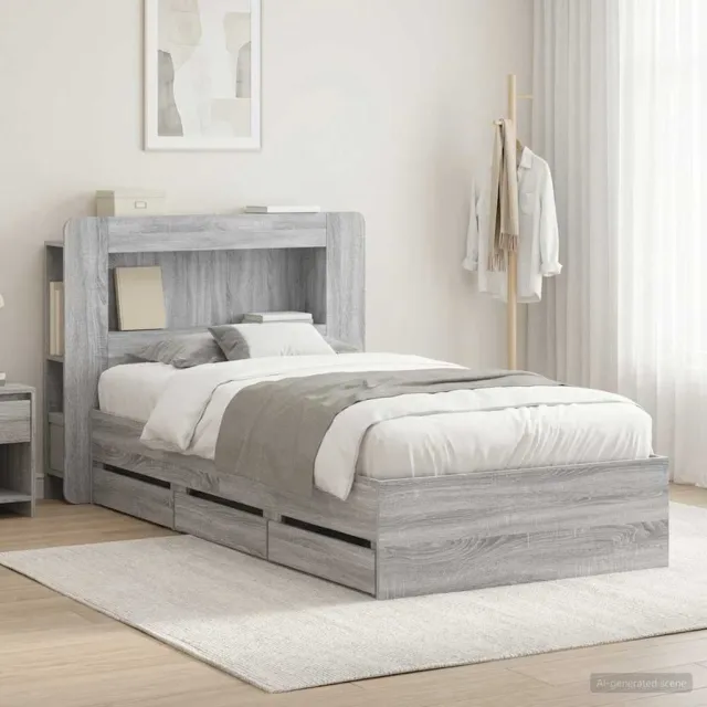 vidaXL Bedframe met opbergruimte en hoofdbord Grijs Sonoma 90 x 190 cm