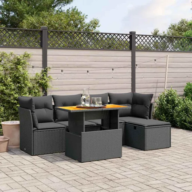 vidaXL 6-delige Loungeset met kussens poly rattan zwart, foto 2