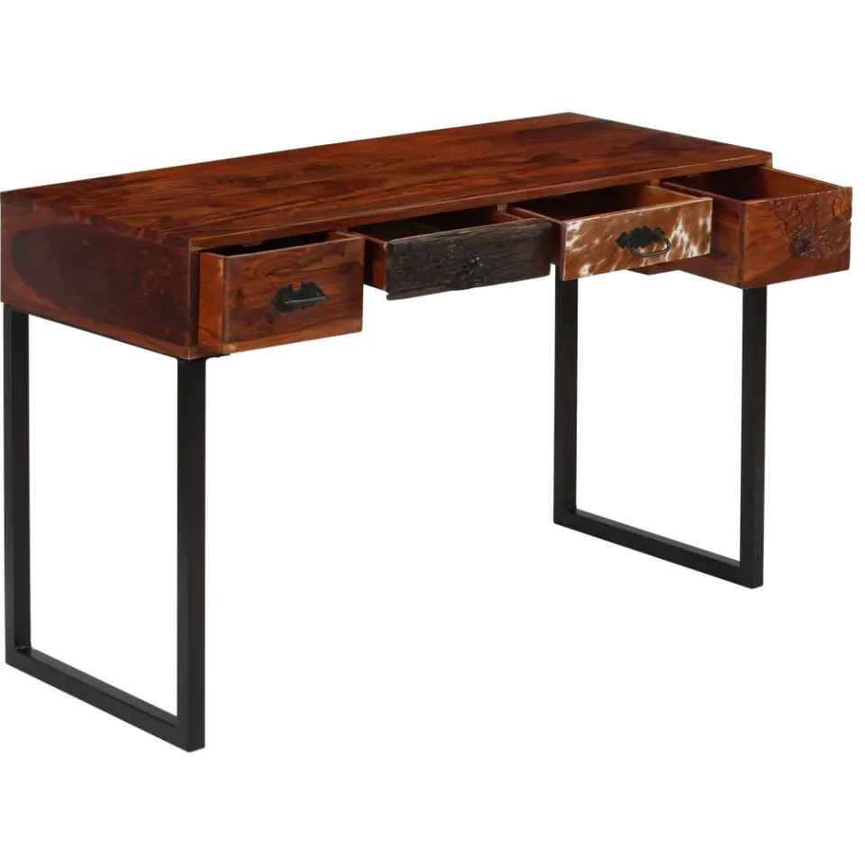 vidaXL Bureau 117x50x76 cm massief acaciahout en echt leer bruin, foto 3