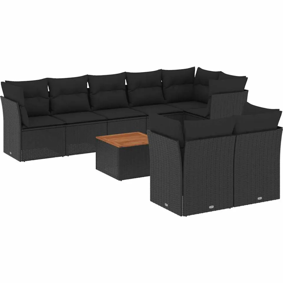 vidaXL 9-delige Loungeset met kussens poly rattan zwart