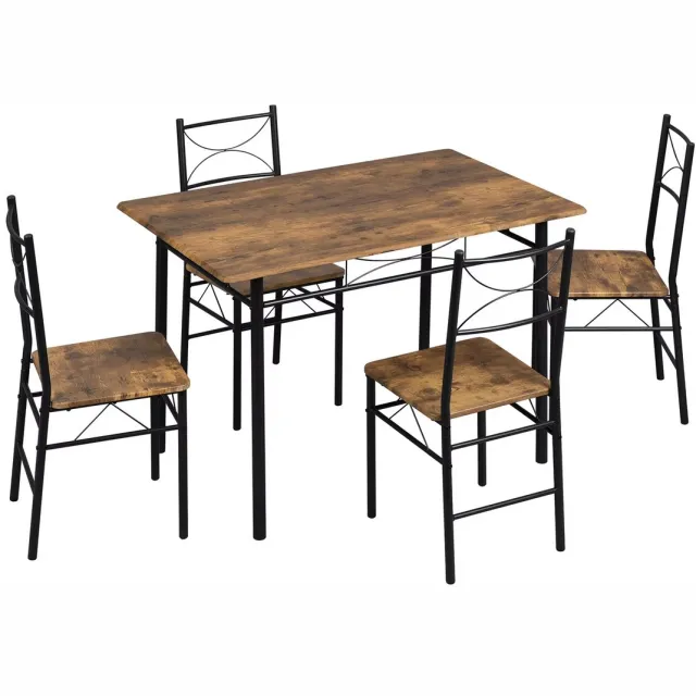 Happiq Eettafel met 4 Stoelen - Voor 4-Zits Eetset - Rechthoekige Keukentafel met Metalen Frame - Eetkamermeubilair Bruin