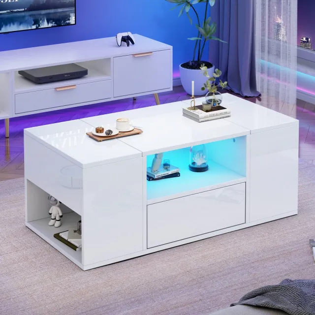 DESMIU Salontafel Met Lade En Led Verlichting Hoogglans Wit Met Opbergruimte Voor Woonkamer Van Spaanplaat 100x50x40 Cm