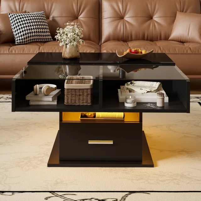 MODFU Luxe Vierkante Salontafel met Lift-Top (78x78) - Zwart Hoogglans met App-gestuurde LED, Lade & Verborgen Opbergruimte