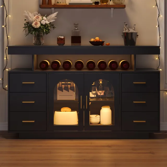 VVBV Wijnkast / Drankkast / Wijnkast met ledverlichting / Wijnopbergkast 140x40x82 cm – 6 Lades, LED-Verlichting, Glazen Deuren – MDF / Zwart