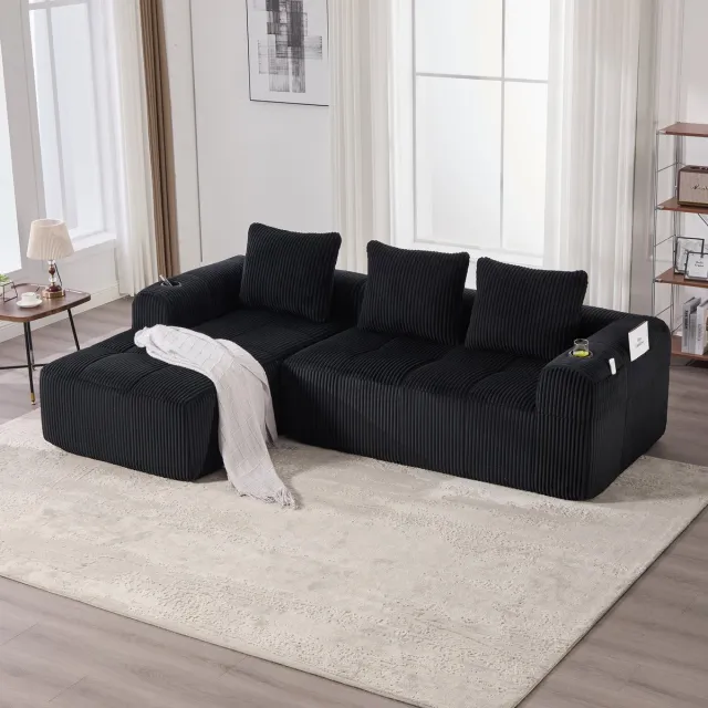 MODENUIT Hoekbank 253 x 158 cm - Modulair Met Zijvakken en Bekerhouders - Voor Woonkamer - Corduroy - Zwart