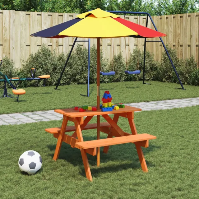 vidaXL Picknicktafel voor 4 kinderen met parasol massief vurenhout bruin, foto 2