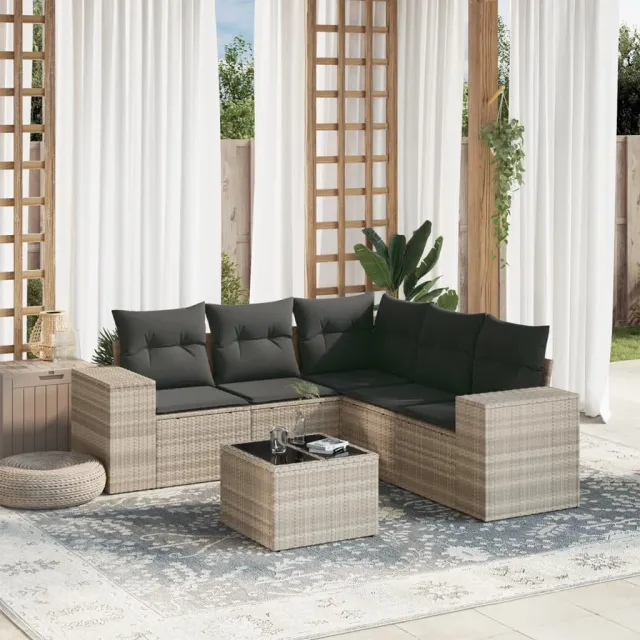 vidaXL 6-delige Loungeset met kussens poly rattan lichtgrijs grijs, foto 2