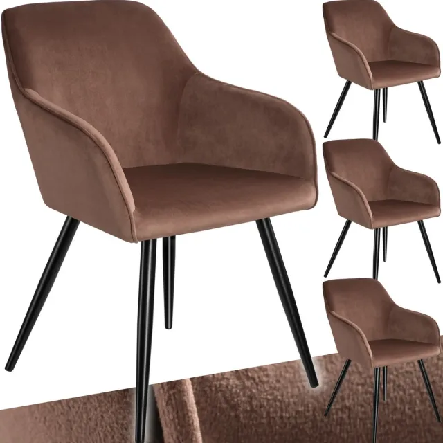Tectake Eetkamerstoel Marilyn - Set van 4 - Met Armleuningen - Elegante Stoel met Gevoerde Zitting in Fluweellook - Gestoffeerd - Zwarte metalen poten - Ergonomische Keukenstoel - Stoel voor Woonkamer, Eetkamer en Slaapkamer - Bruin bruin/zwart
