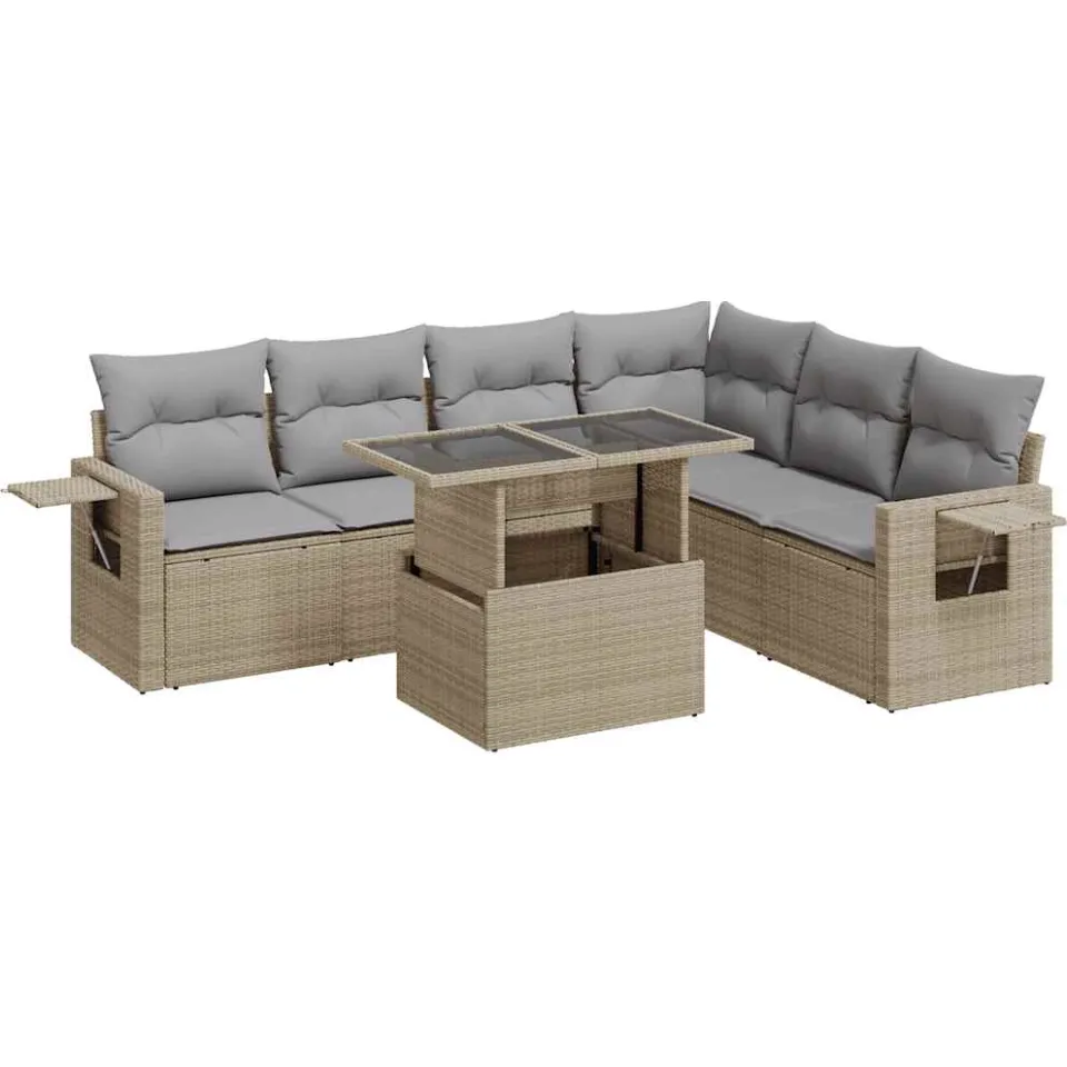 vidaXL 7-delige Loungeset met kussens poly rattan beige, foto 3